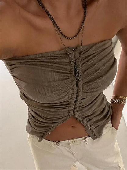 Ruched Strapless Off Shoulder Tube Cropped Summer Clubwear 2024 Y2K  Women Front Buttons Up Slim Vests Crop Top