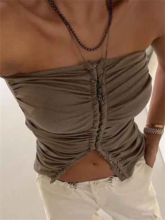 Ruched Strapless Off Shoulder Tube Cropped Summer Clubwear 2024 Y2K  Women Front Buttons Up Slim Vests Crop Top
