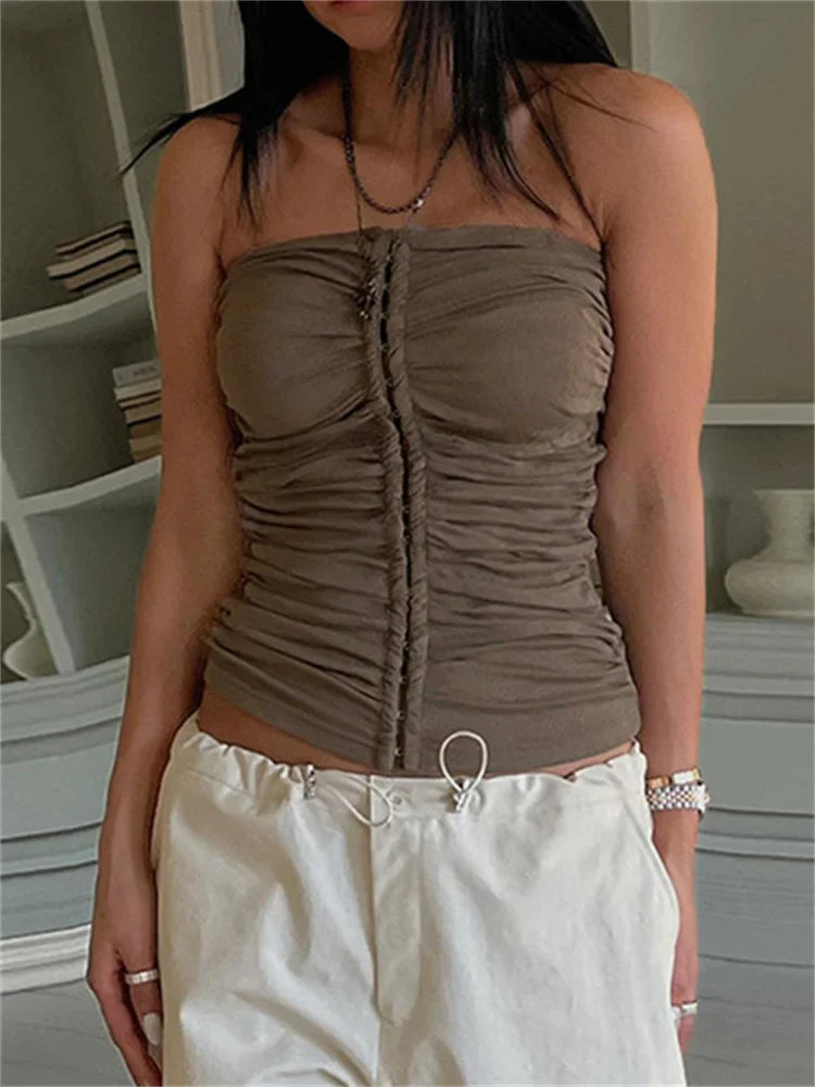 Ruched Strapless Off Shoulder Tube Cropped Summer Clubwear 2024 Y2K  Women Front Buttons Up Slim Vests Crop Top
