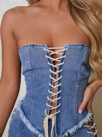 Bustiers Corsets Summer Party Clubwear Women Strapless Off Shoulder Criss-cross Tie-up Irregular Hem Vests Crop Top