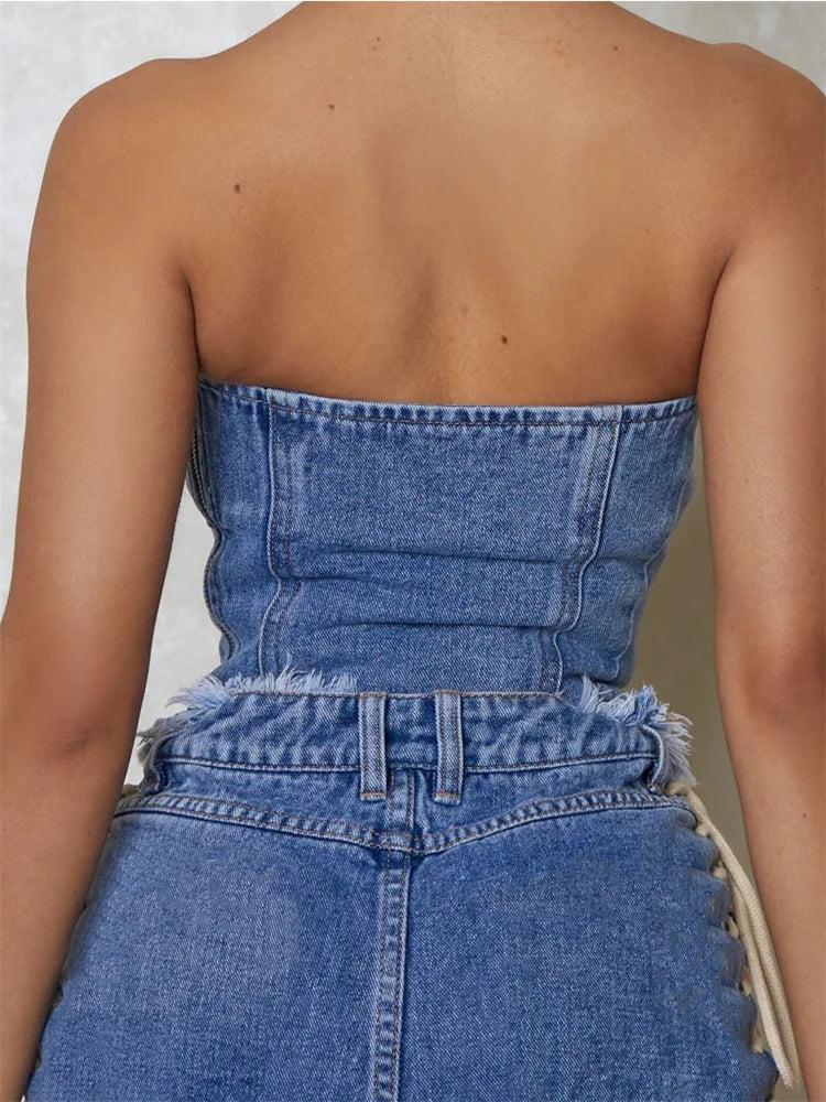 Bustiers Corsets Summer Party Clubwear Women Strapless Off Shoulder Criss-cross Tie-up Irregular Hem Vests Crop Top