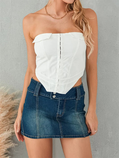 Women Corsets Solid Back Zip Up Summer Strapless Backless Bustiers Streetwear Aesthetic Exposed Navel Tank Crop Top