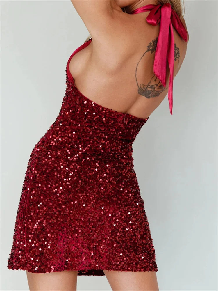 Glitter Halter Party  Sequined Tie-Up Mini Dresses