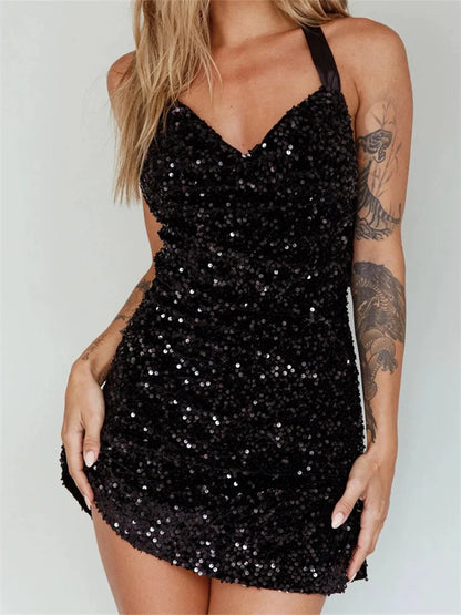 Glitter Halter Party  Sequined Tie-Up Mini Dresses