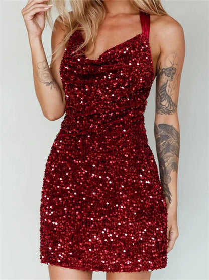 Glitter Halter Party  Sequined Tie-Up Mini Dresses