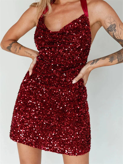 Glitter Halter Party  Sequined Tie-Up Mini Dresses