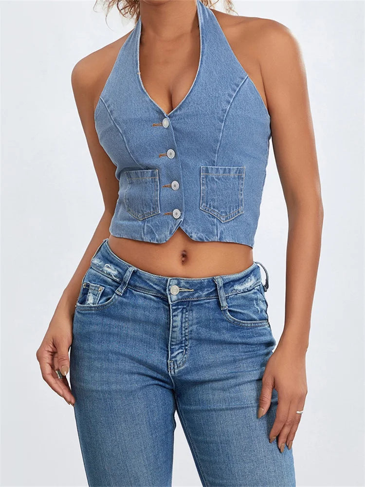 Women Halter Off Shoulder Sleeveless Backless Buttons Up Summer Denim Vest Club Party Streetwear 2024 Crop Top