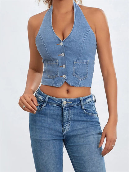 Women Halter Off Shoulder Sleeveless Backless Buttons Up Summer Denim Vest Club Party Streetwear 2024 Crop Top