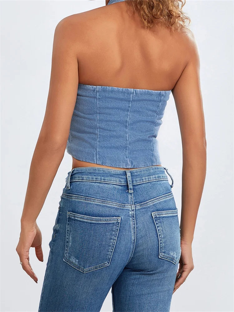 Women Halter Off Shoulder Sleeveless Backless Buttons Up Summer Denim Vest Club Party Streetwear 2024 Crop Top