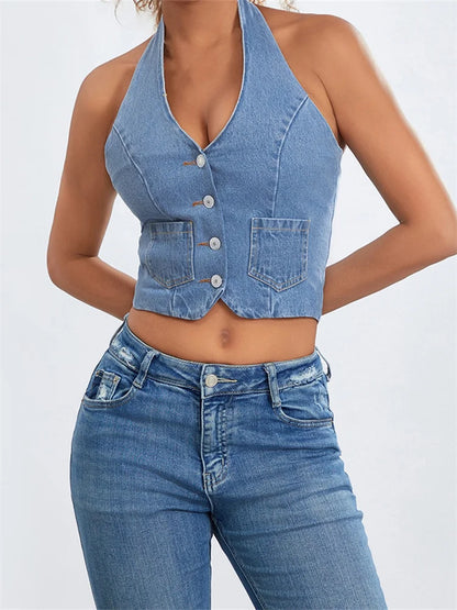 Women Halter Off Shoulder Sleeveless Backless Buttons Up Summer Denim Vest Club Party Streetwear 2024 Crop Top