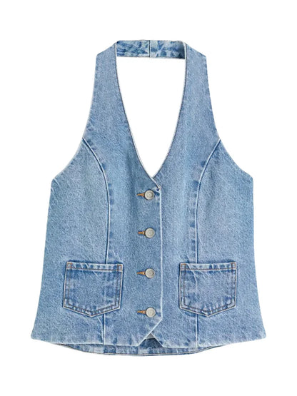Women Halter Off Shoulder Sleeveless Backless Buttons Up Summer Denim Vest Club Party Streetwear 2024 Crop Top
