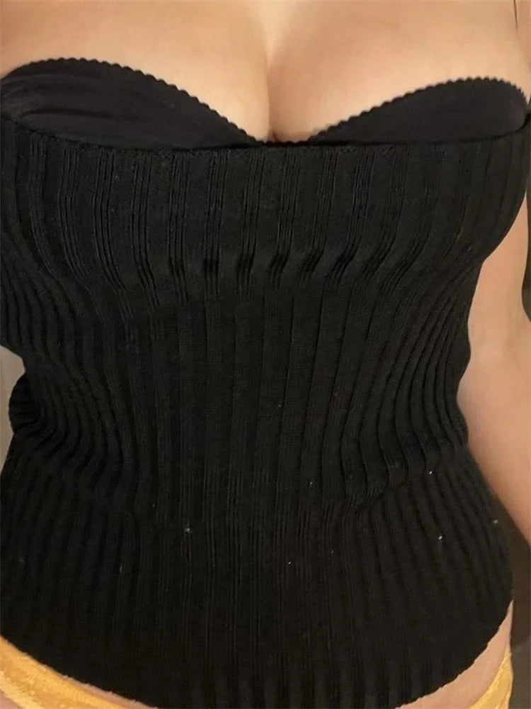 Women Knitted Ribbed Top Sleeveless Spaghetti Strap Solid Color Slim Fit V-neck Push Up Vest Clubwear Crop Top