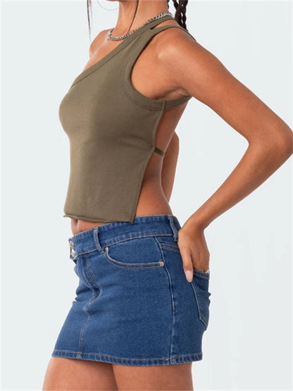 Off Shoulder Single Strap Y2K Sleeveless Slim Fit  Backless Solid Mini Streetwear Crop Top