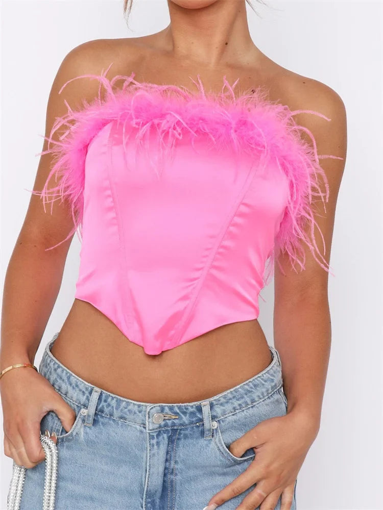 Women Solid Tube Feather Patchwork Strapless Summer Irregular Hem Exposed Navel Mini Vest Streetwear Crop Top