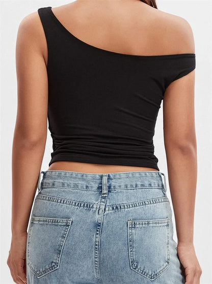 Women Summer Asymmetrical Hem Solid Color Off Shoulder Ruched Slim Cropped Mini Vest Streetwear 2024 Crop Top