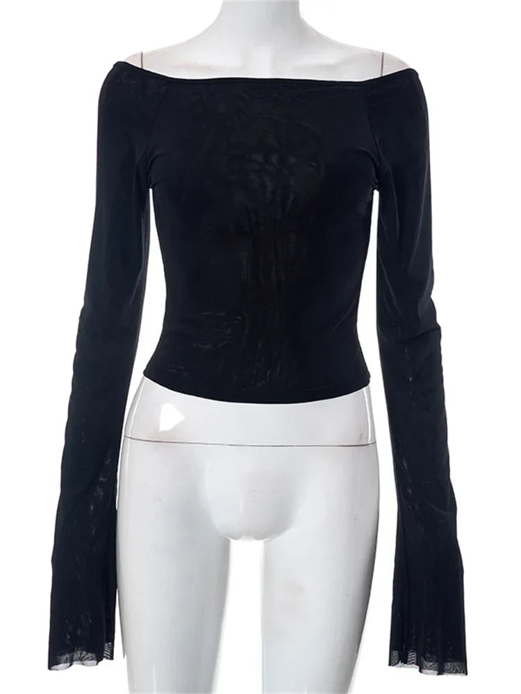 Women Summer Slim Fit Off Shoulder Black Backless Short Clubwear 2024 T-shirts
