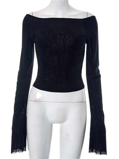 Women Summer Slim Fit Off Shoulder Black Backless Short Clubwear 2024 T-shirts