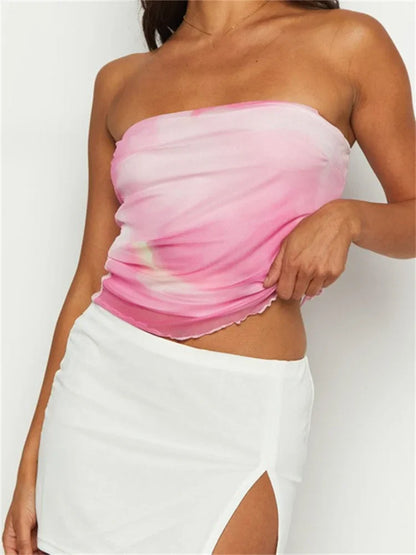 Women Summer Tube Off Shoulder Solid Color/Floral/Tie Dyeing Print Strapless Bodycon Summer Mini Vests Crop Top