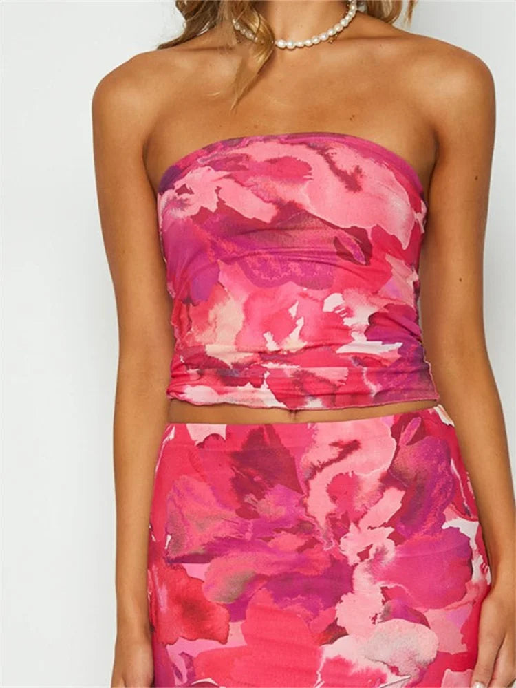 Women Summer Tube Off Shoulder Solid Color/Floral/Tie Dyeing Print Strapless Bodycon Summer Mini Vests Crop Top