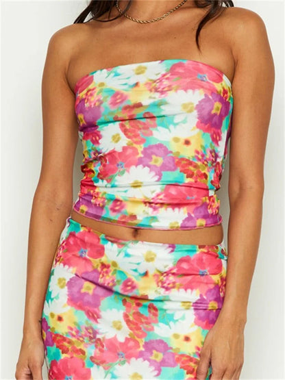 Women Summer Tube Off Shoulder Solid Color/Floral/Tie Dyeing Print Strapless Bodycon Summer Mini Vests Crop Top