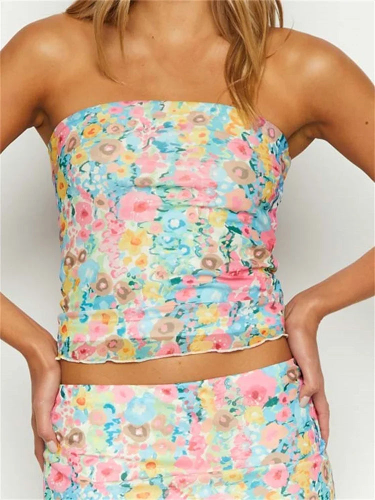 Women Summer Tube Off Shoulder Solid Color/Floral/Tie Dyeing Print Strapless Bodycon Summer Mini Vests Crop Top