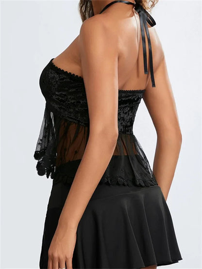 Women Mesh Patchwork Criss-Cross Tie-Up Halter Backless Vest Summer Sleeveless Cropped Clubwear Crop Top