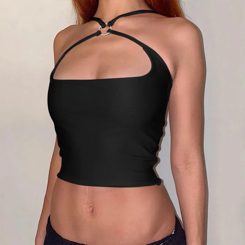 CHRONSTYLE  Vest Clubwear Criss-Cross Ring Patchwork Low Cut Elastic Strap Hollow Backless Tight Camis Crop Top