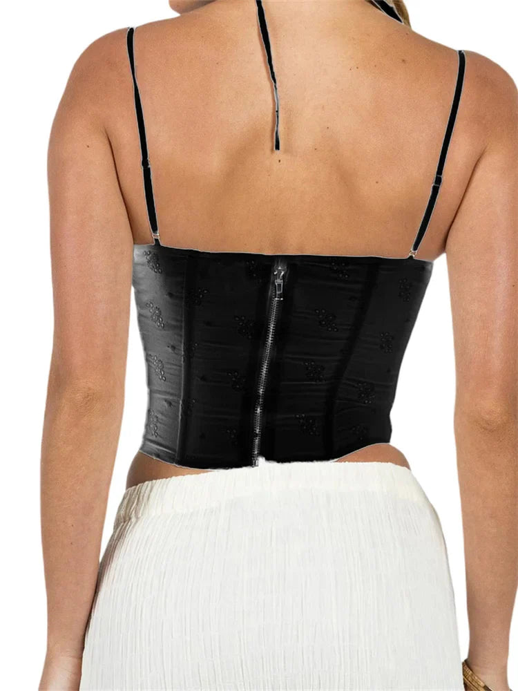 Summer Sleeveless Strap Y2K for Women  Lace Patchwork V-neck Cropped Mini Vest Streetwear 2024 Crop Top