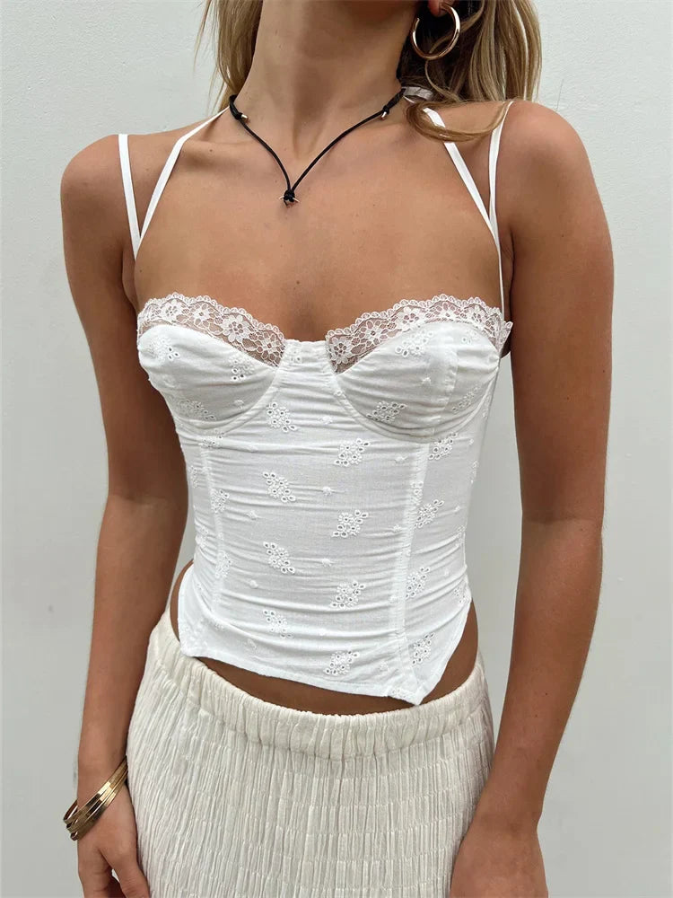 Summer Sleeveless Strap Y2K for Women  Lace Patchwork V-neck Cropped Mini Vest Streetwear 2024 Crop Top