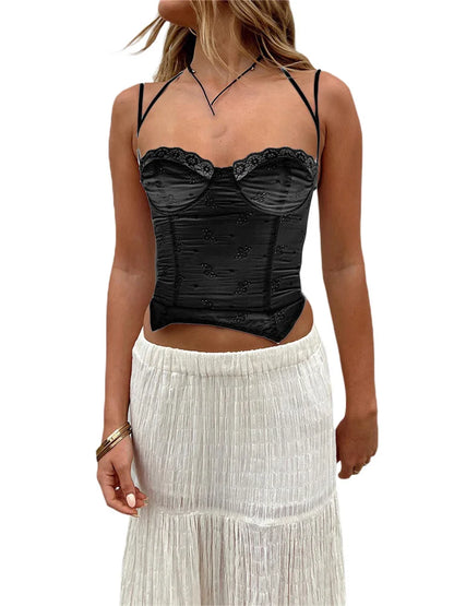 Summer Sleeveless Strap Y2K for Women  Lace Patchwork V-neck Cropped Mini Vest Streetwear 2024 Crop Top