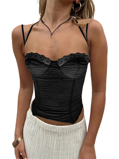 Summer Sleeveless Strap Y2K for Women  Lace Patchwork V-neck Cropped Mini Vest Streetwear 2024 Crop Top