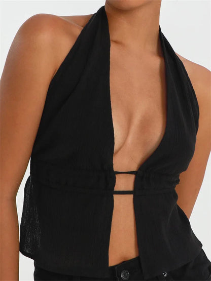 Front Split Low Cut Halter Sleeveless Backless Off Shoulder Lace-up  Mini Vest Streetwear Crop Top