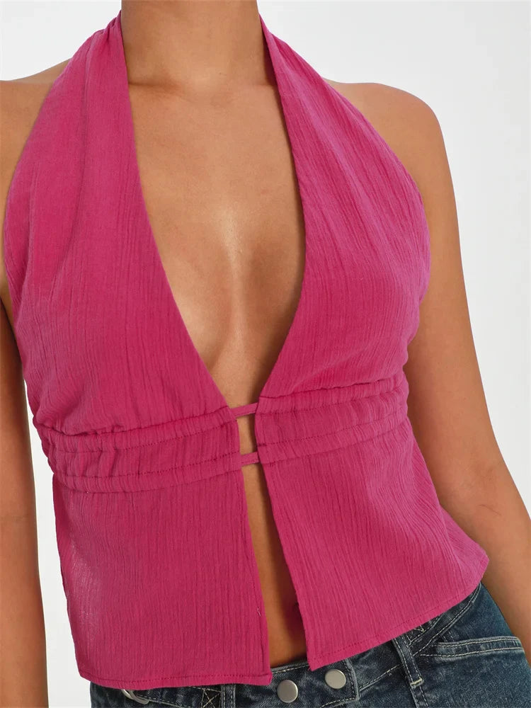 Front Split Low Cut Halter Sleeveless Backless Off Shoulder Lace-up  Mini Vest Streetwear Crop Top