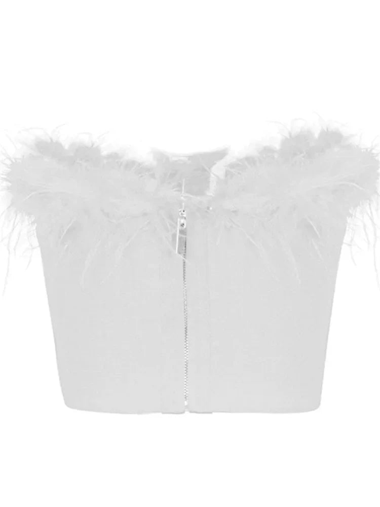 Women Fur Feather Patchwork Tube 2024 New  Summer Strapless Off Shoulder Backless Back Zip Up Slim Vest Crop Top