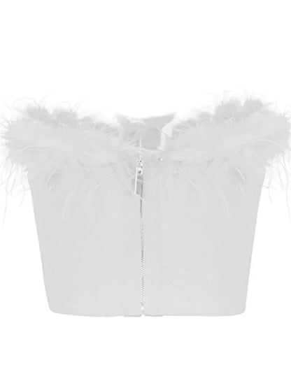 Women Fur Feather Patchwork Tube 2024 New  Summer Strapless Off Shoulder Backless Back Zip Up Slim Vest Crop Top