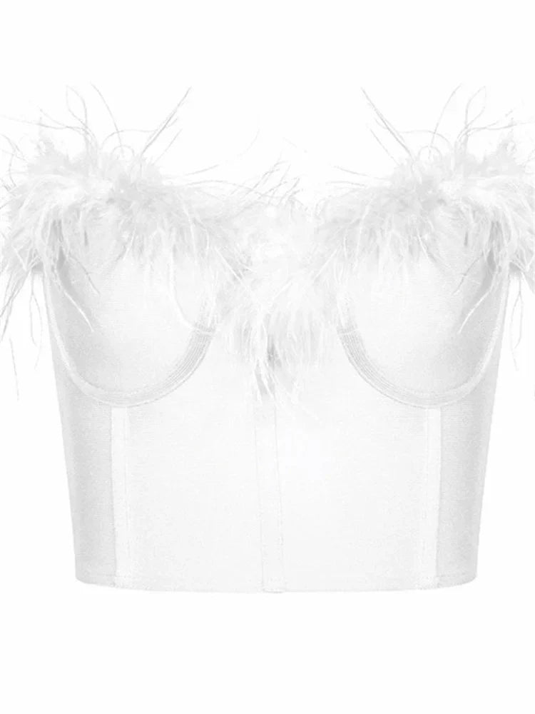 Women Fur Feather Patchwork Tube 2024 New  Summer Strapless Off Shoulder Backless Back Zip Up Slim Vest Crop Top