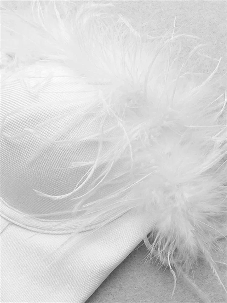 Women Fur Feather Patchwork Tube 2024 New  Summer Strapless Off Shoulder Backless Back Zip Up Slim Vest Crop Top