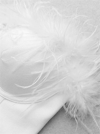 Women Fur Feather Patchwork Tube 2024 New  Summer Strapless Off Shoulder Backless Back Zip Up Slim Vest Crop Top