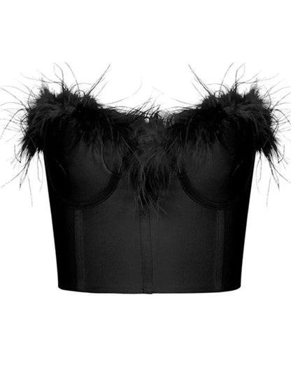Women Fur Feather Patchwork Tube 2024 New  Summer Strapless Off Shoulder Backless Back Zip Up Slim Vest Crop Top