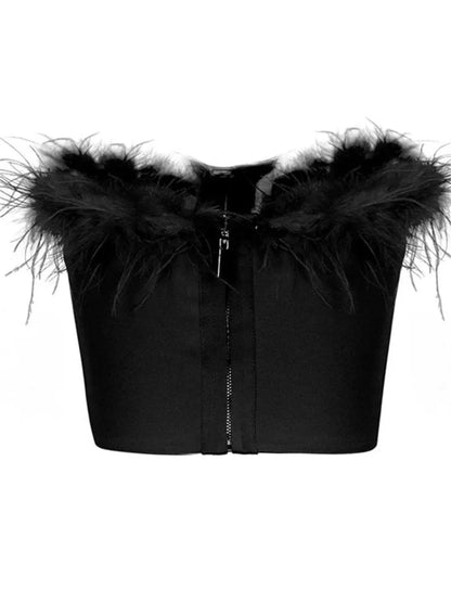 Women Fur Feather Patchwork Tube 2024 New  Summer Strapless Off Shoulder Backless Back Zip Up Slim Vest Crop Top