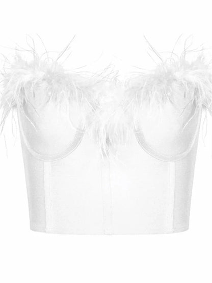 Women Fur Feather Patchwork Tube 2024 New  Summer Strapless Off Shoulder Backless Back Zip Up Slim Vest Crop Top