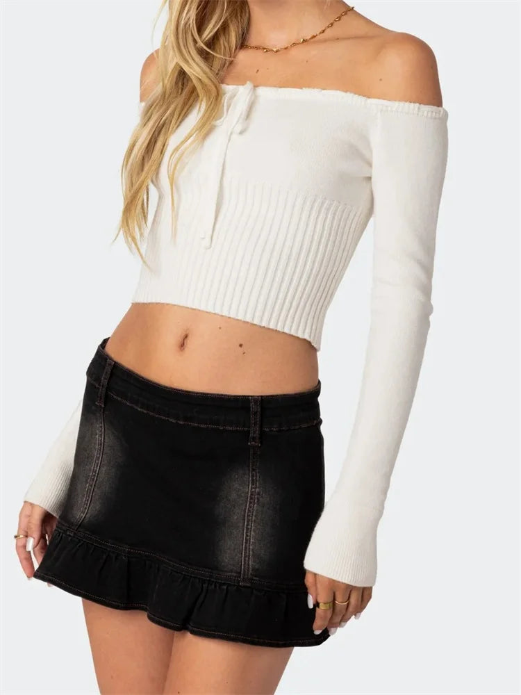 Off-Shoulder Crop Knitwear Solid Color Long Sleeve Tie-up Slim Fit  T-shirts