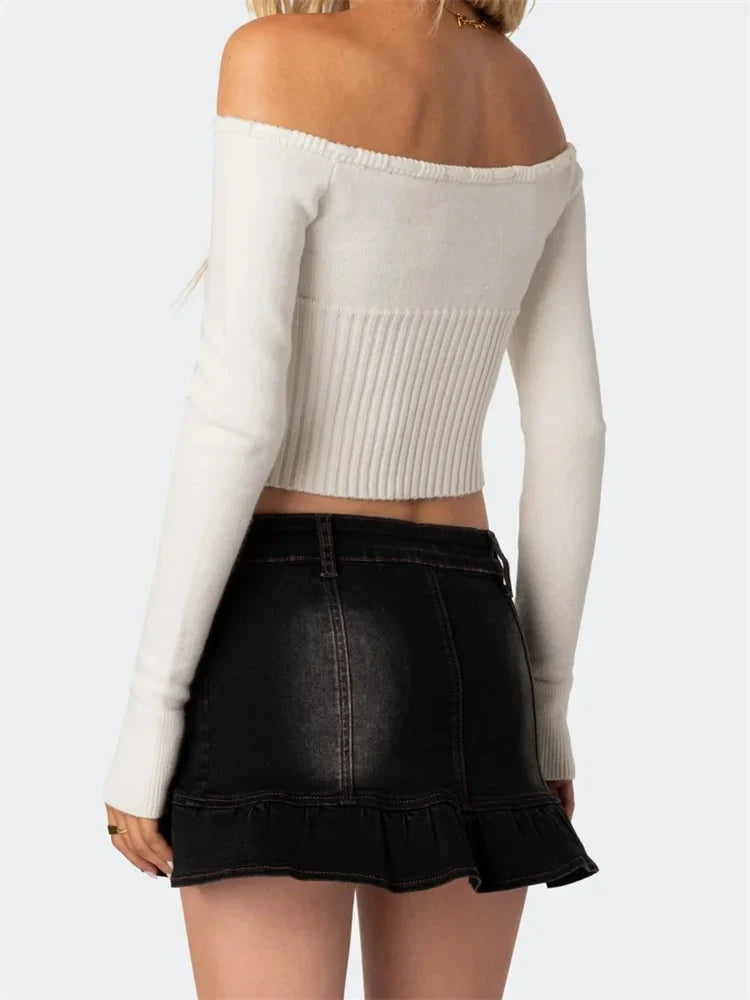 Off-Shoulder Crop Knitwear Solid Color Long Sleeve Tie-up Slim Fit  T-shirts