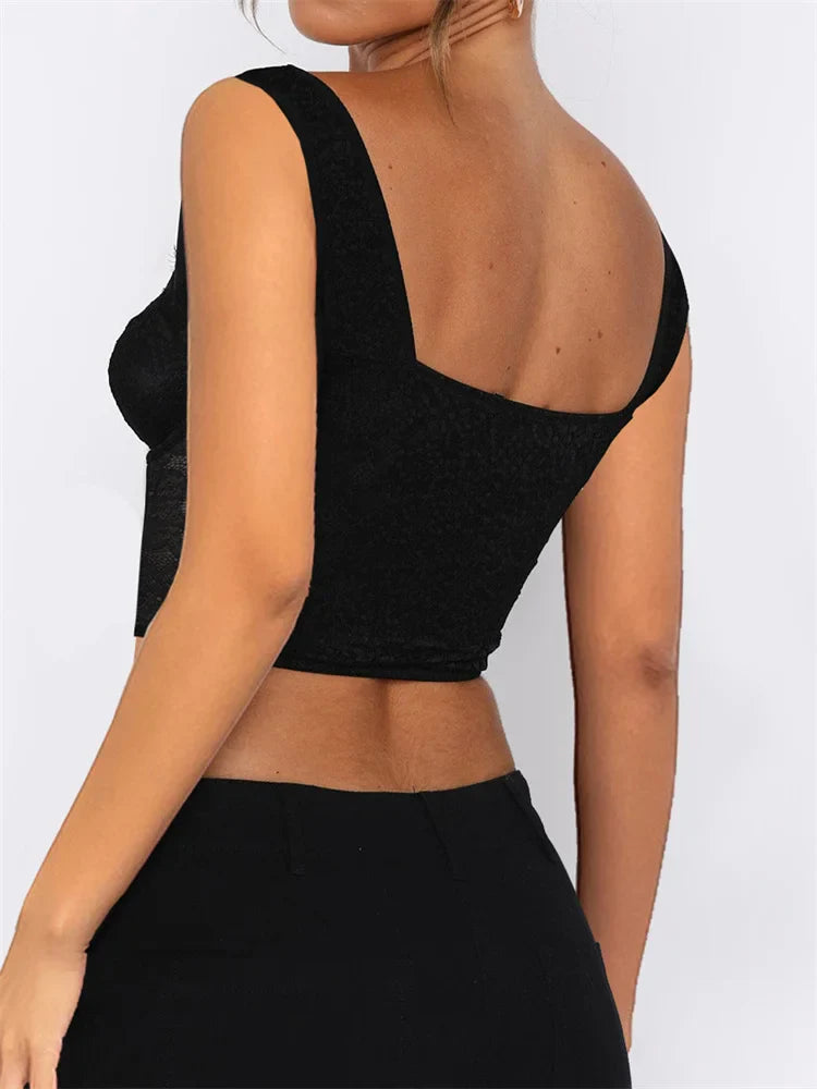 See Through Mesh Sheer Camisoles  Lace Slim Fit Low Cut Square Neck Buttons Vest Streetwear Crop Top