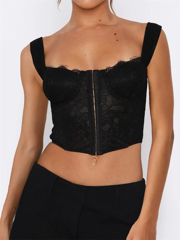 See Through Mesh Sheer Camisoles  Lace Slim Fit Low Cut Square Neck Buttons Vest Streetwear Crop Top
