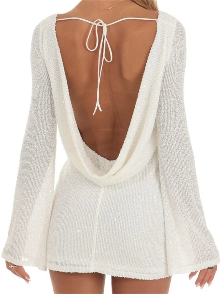Sparkle Sequined Backless Ruched Mini Dress
