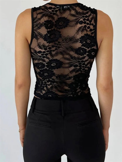 Summer Sleeveless Square Neck Low Cut Mesh See-Through Lace Casual Slim  Mini Vest 2024 Crop Top