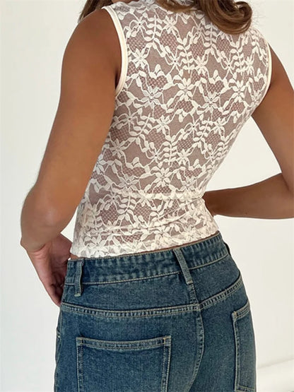 Summer Sleeveless Square Neck Low Cut Mesh See-Through Lace Casual Slim  Mini Vest 2024 Crop Top
