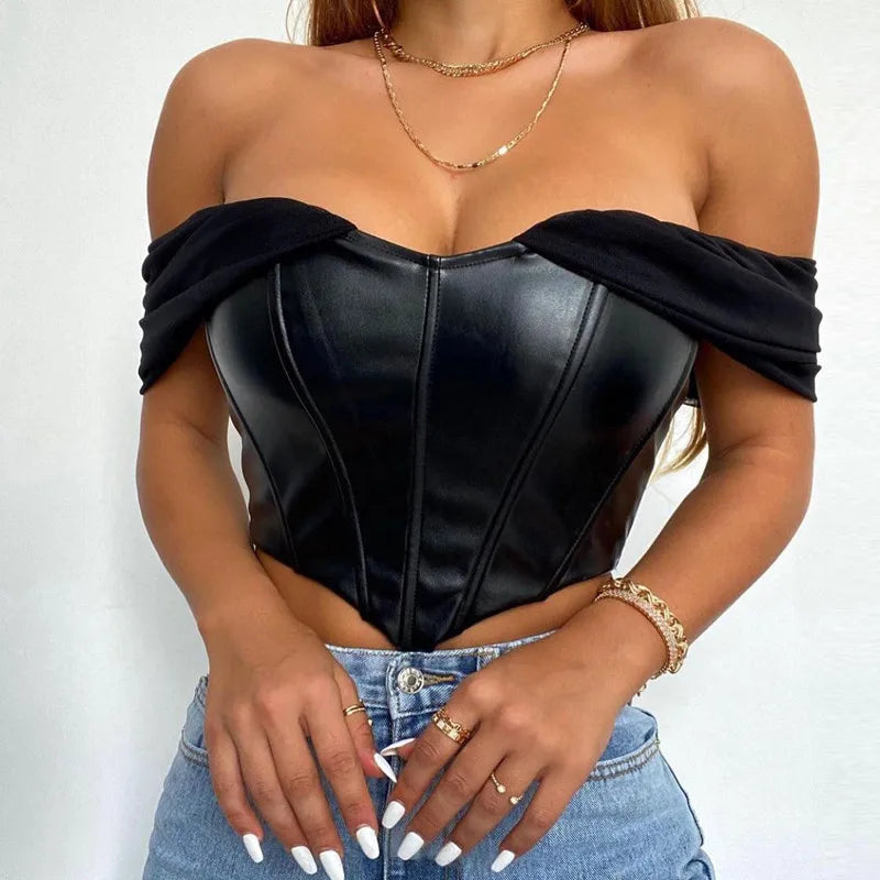 CHRONSTYLE Women Tube Top Cropped Vest 2024  Sleeveless PU Leather Back Zipper Exposed Navel Mesh Yarn Sleeve Suspender Tank Crop Top