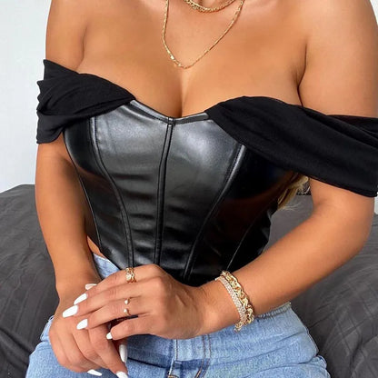 CHRONSTYLE Women Tube Top Cropped Vest 2024  Sleeveless PU Leather Back Zipper Exposed Navel Mesh Yarn Sleeve Suspender Tank Crop Top
